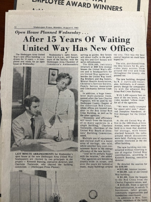 Sheboygan Press Article from August 1982. Picture shows United Way Sheboygan Area's Executive Director Kenneth Buesing and Building Committee Chair Charlotte Testwuide